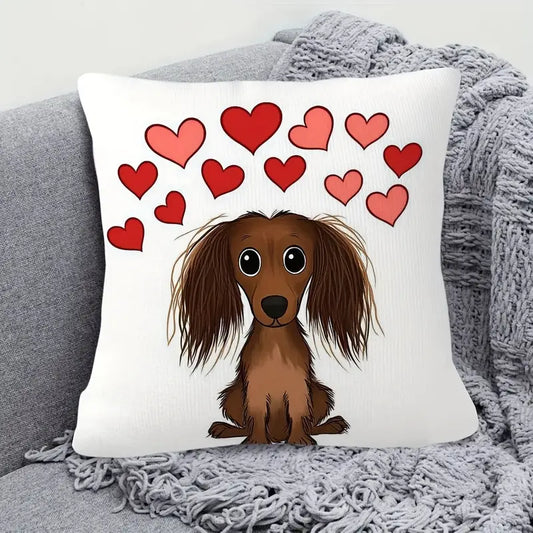 Long Hair Dachshund & Hearts Cushion Cover