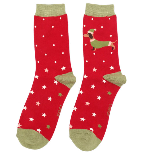 Ladies Bamboo Festive Sausage Dogs Socks Red image 0