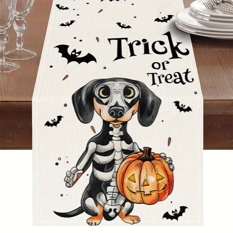 Halloween Trick or Treat Skeleton Dachshund Table Runner - 2 Sizes to Choose From