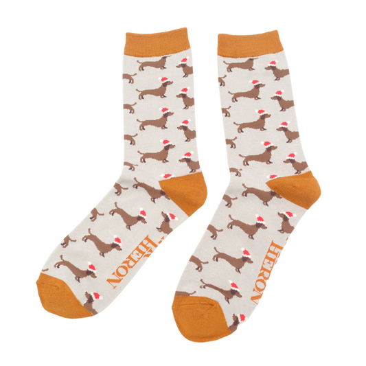 Mens Bamboo Sausage Dogs Santa Socks Silver image 0