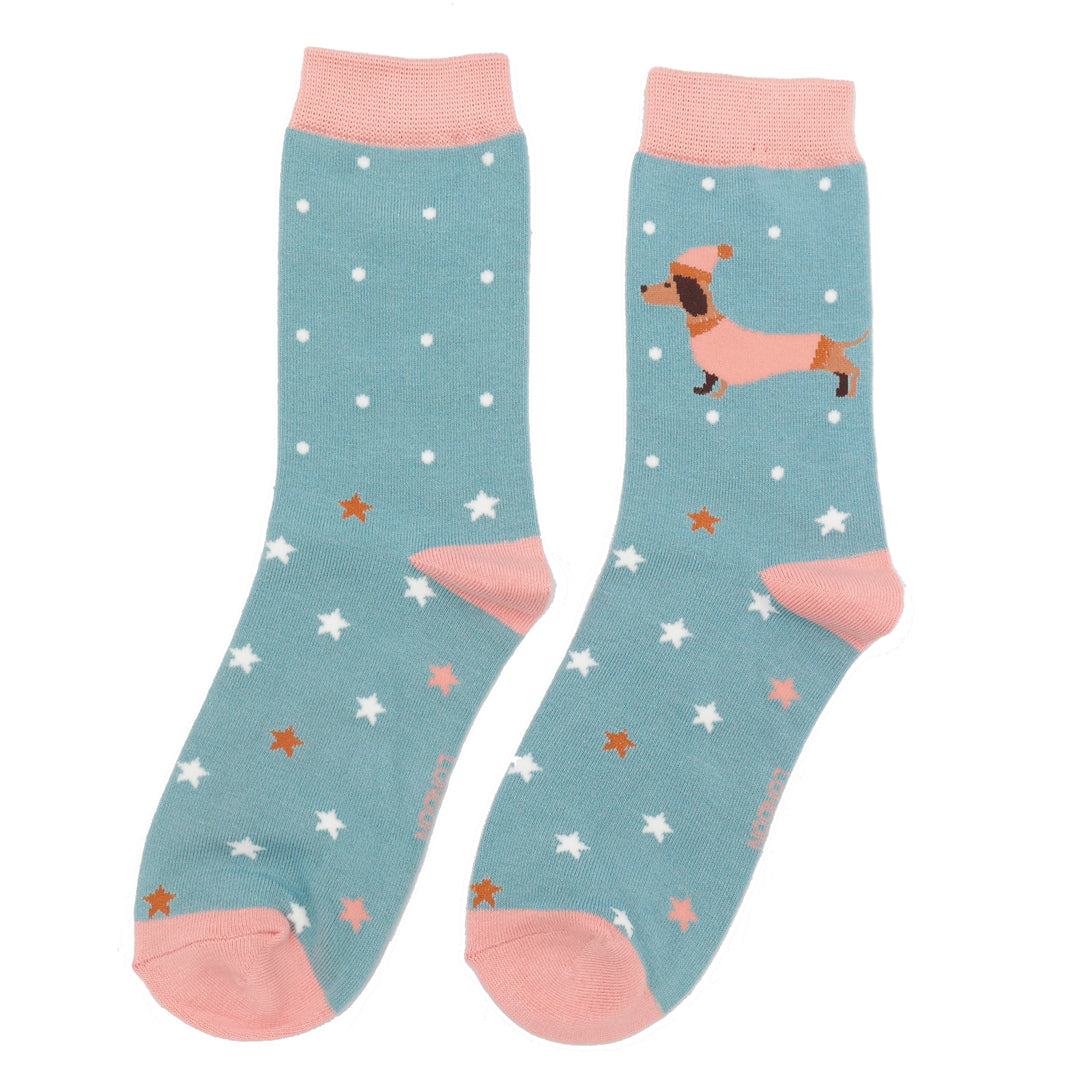 Ladies Bamboo Festive Sausage Dogs Socks Duck Egg image 0
