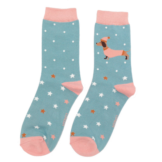 Ladies Bamboo Festive Sausage Dogs Socks Duck Egg image 0