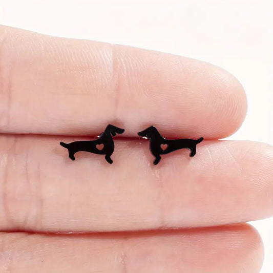 Cute Dachshund Earrings with Heart Cut Out - Stainless Steel Black