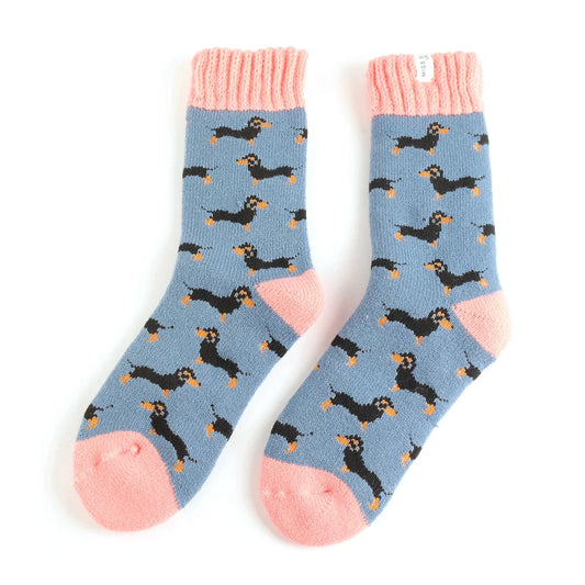 Ladies Thick Winter Little Sausage Dogs Socks Blue image 0