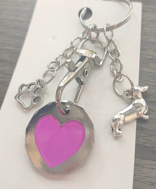 Silver Plated Dachshund, Paw Print & Trolley Token Keyring - Pink Heart image 0