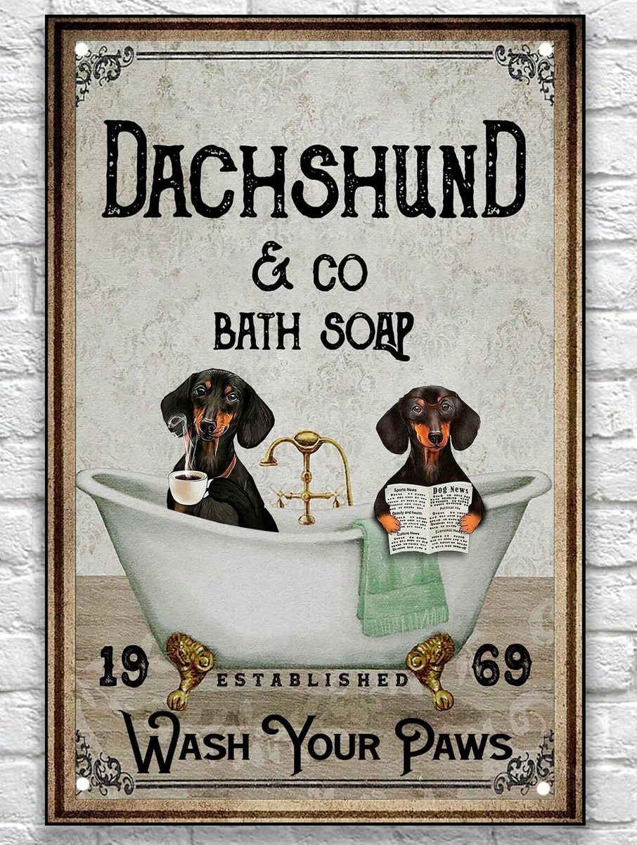 Metal Dachshund Bath Tub Sign - Wash Your Paws image 0