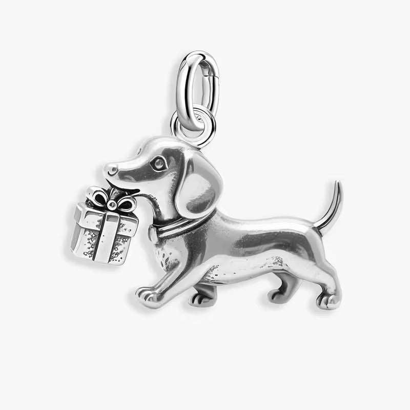 Dachshund & Present 925 Silver Plated Charm