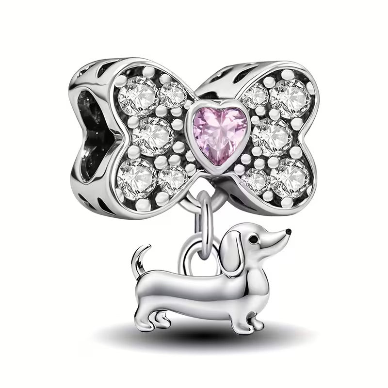 Dachshund & Bone Charm with Stone Detail 925 Silver Plated