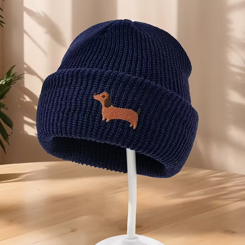 Embroidered Knitted Dachshund Beanie Hats - Choice of Colours