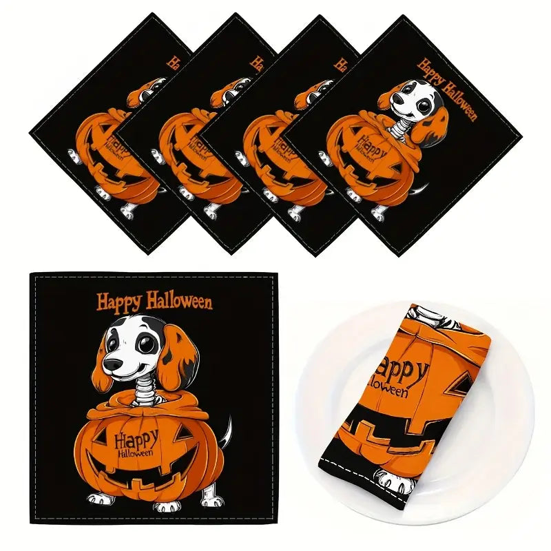Halloween Skeleton Dachshund & Pumpkin Fabric Napkins (Set of 4)
