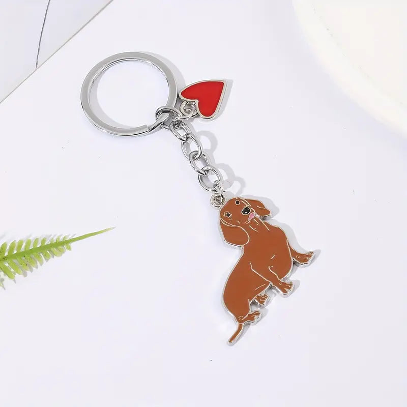 Red Smooth Hair Dachshund & Heart Keyring