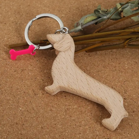 Wooden Dachshund Keyring with Bone Charm