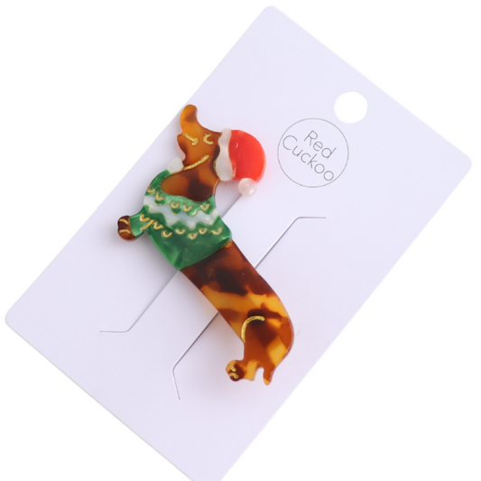 Sausage Dog Green Jumper Christmas Slide Hair Clip