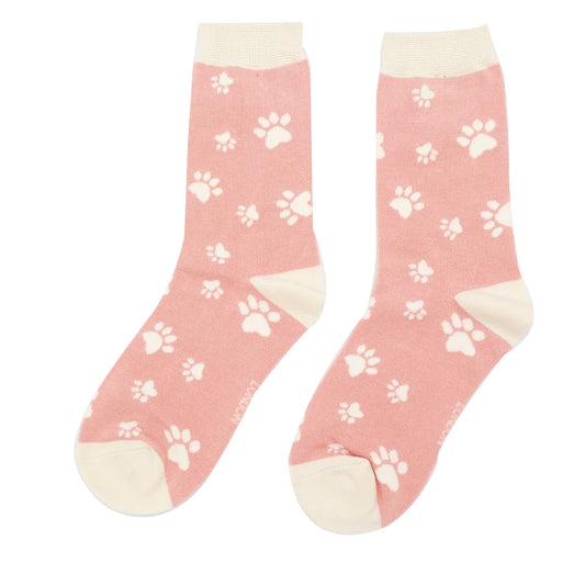 Ladies Bamboo Paw Prints Socks Dusky Pink